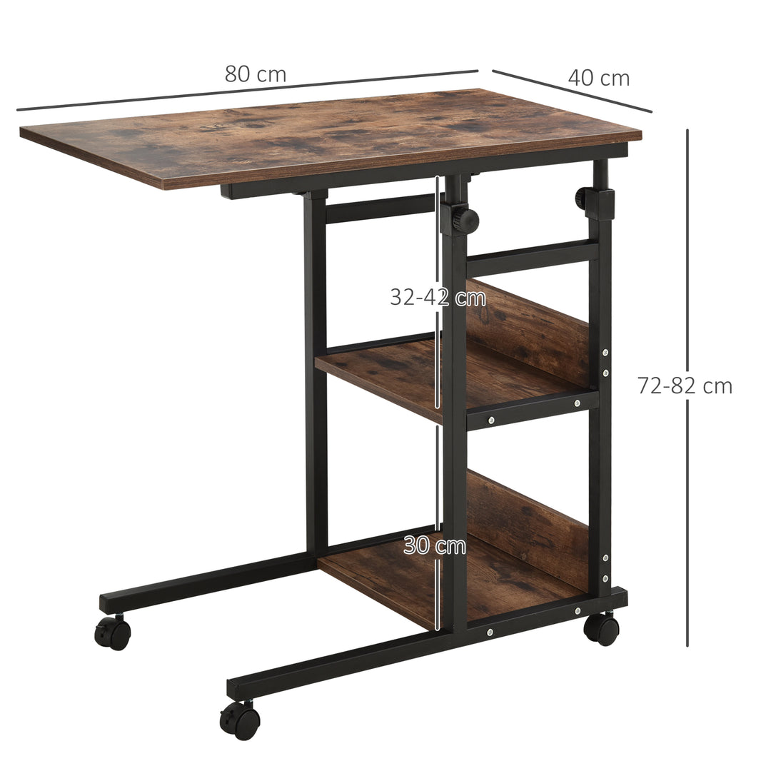 Sidebord med hjul, højdejusterbart, kompakt, 2 hylder, metalstel, 80x40x72-82 cm, brun/sort