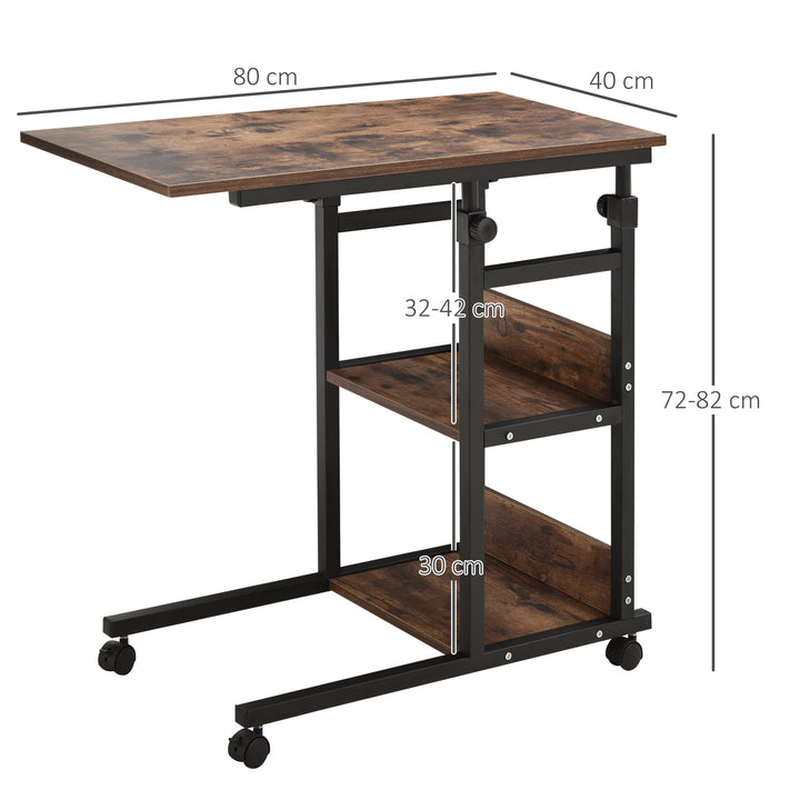 Sidebord med hjul, højdejusterbart, kompakt, 2 hylder, metalstel, 80x40x72-82 cm, brun/sort