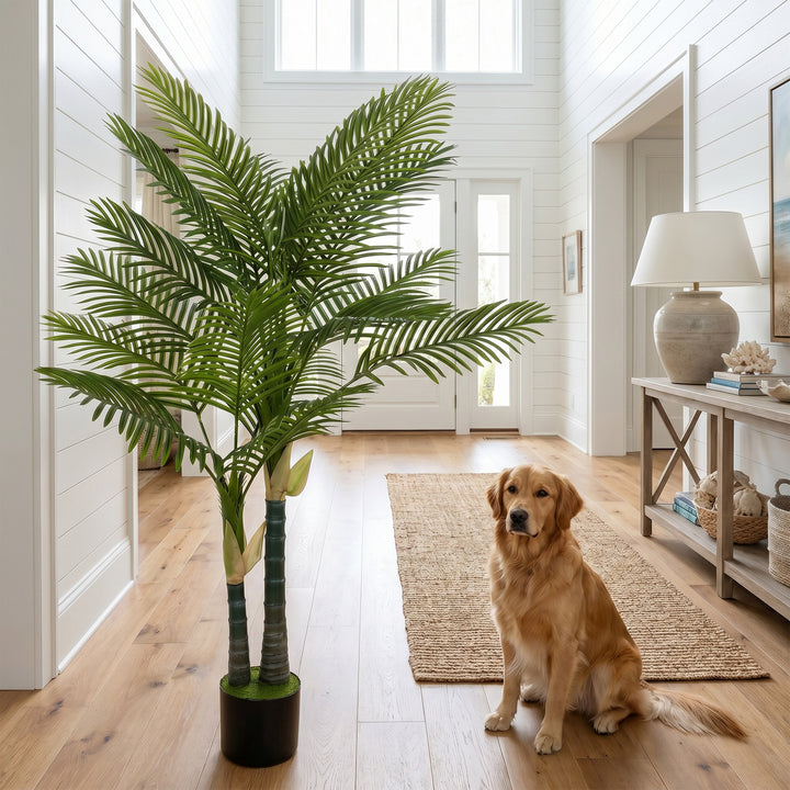 Kunstig palme 150 cm, kunstig palme med 16 palmeblade, stor kunstig plante i potte til stue, balkondekoration, grøn
