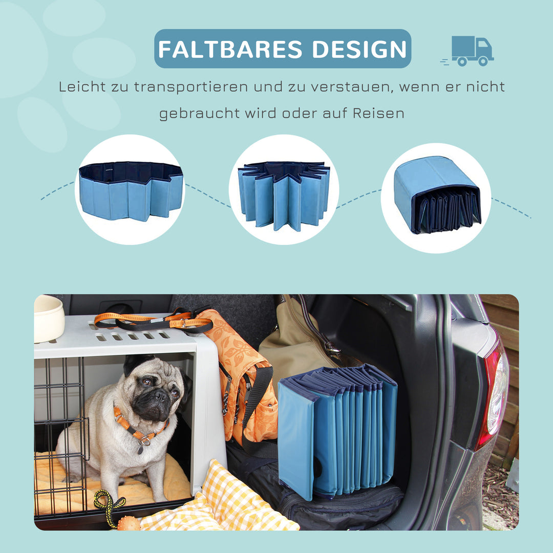 Sammenklappeligt hundebadekar, hundepool, swimmingpool, børnepool, badekar til hunde og katte, vandbassin af plastik og træ, Ø100 x H30 cm, blå