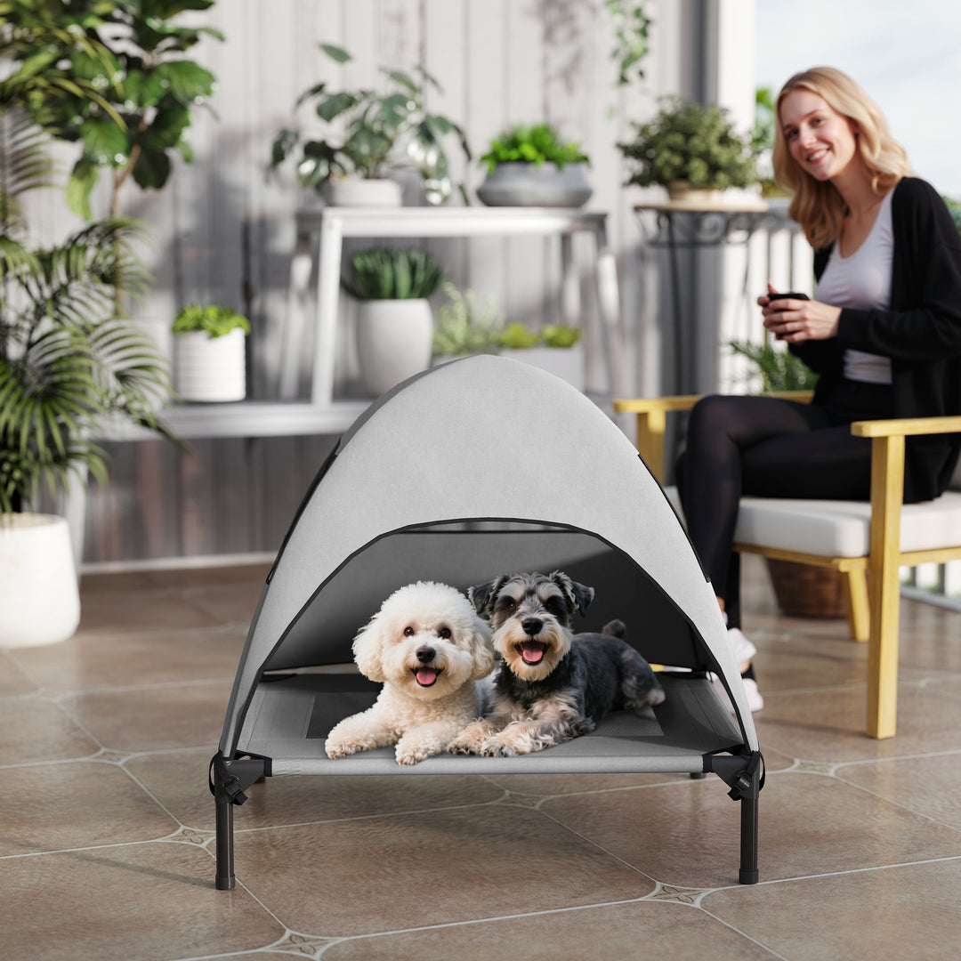 Udendørs hundeseng med tag, hævet hundeseng til mellemstore hunde, 76 x 61 x 71 cm, lysegrå