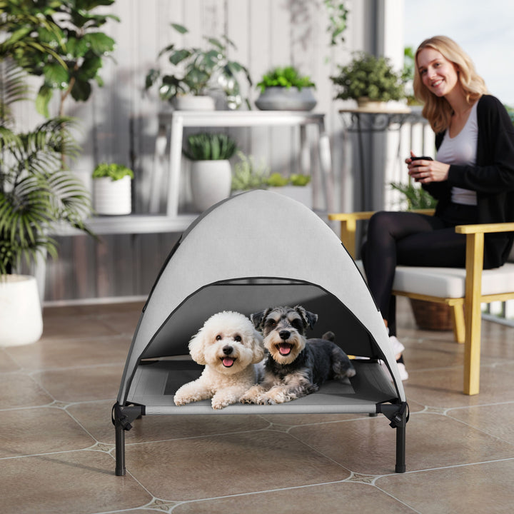 Udendørs hundeseng med tag, hævet hundeseng til mellemstore hunde, 76 x 61 x 71 cm, lysegrå