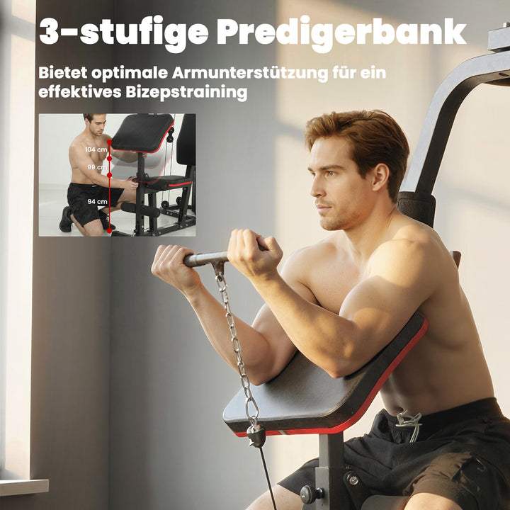 Power rack fitnessstation med 65 kg vægte, lat pulldown, butterfly bar, justerbar preacher bænk, bentræner