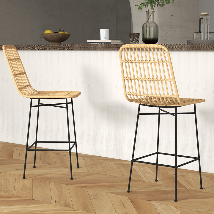 Barstol, boho-stil, pe-rattan, 45 x 53,5 x 105 cm, natur + sort