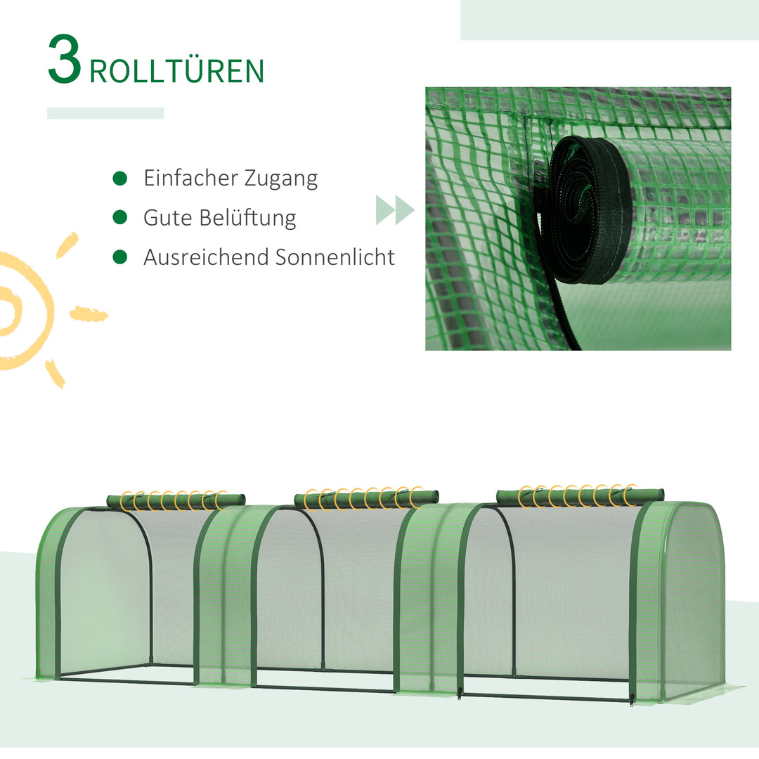 Foliedrivhus, tre rulleporte, robust presenning, stålramme, grøn, 2,95 x 1 x 0,8 m