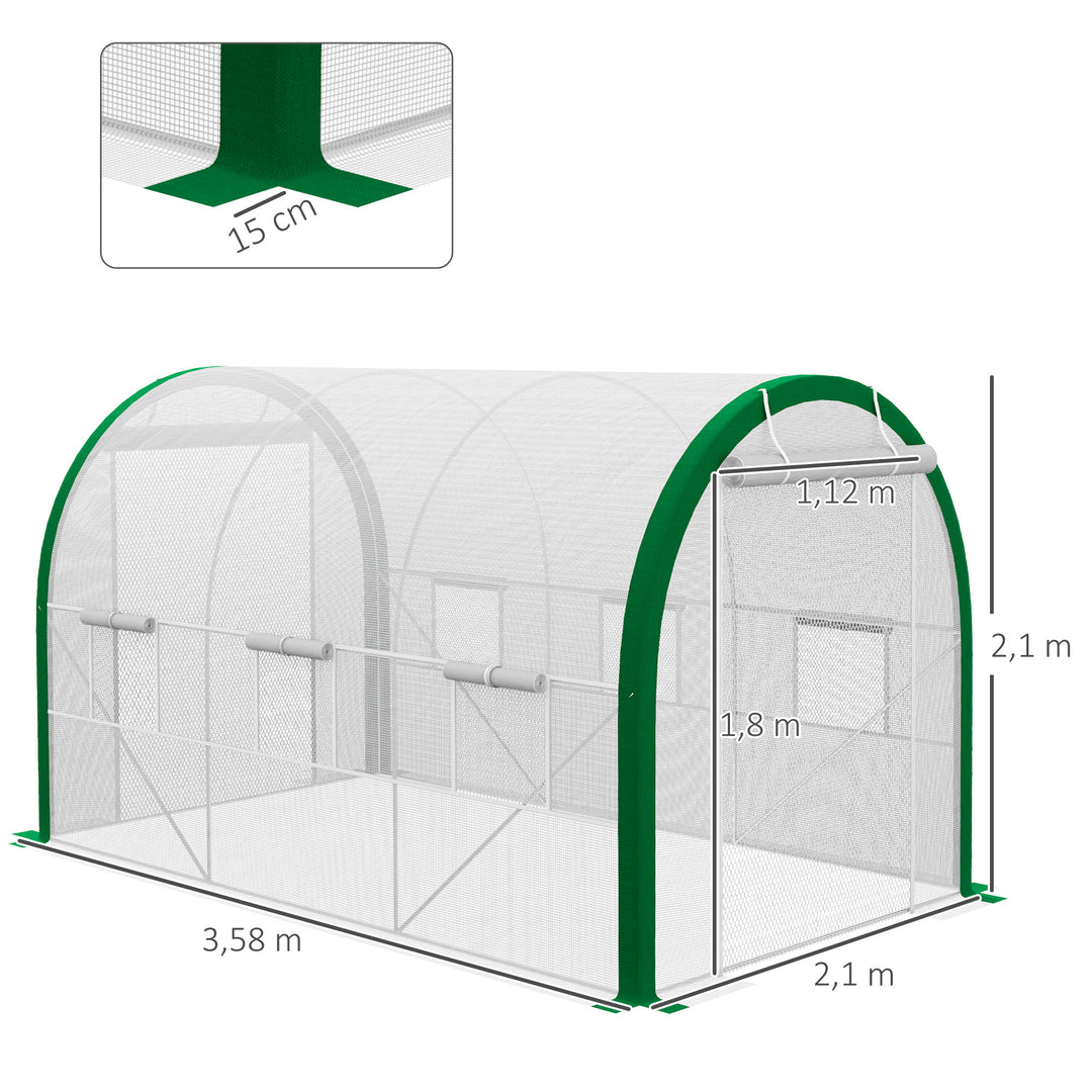 Tunneldrivhus, drivhus, lynlåsdøre, netvinduer, metalramme, 3,5 x 2 x 2m, hvid