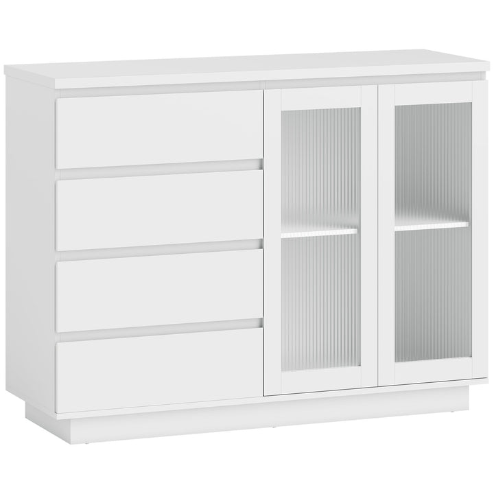 Buffetskab, skænk med 4 skuffer, 2 vitrinelåger, moderne design, MDF, hvid