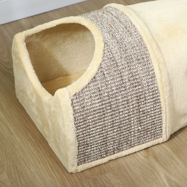 Kattetunnel med 3 åbninger, plys, sisal kradsereb, 107 x 38 x 29 cm, beige/grå