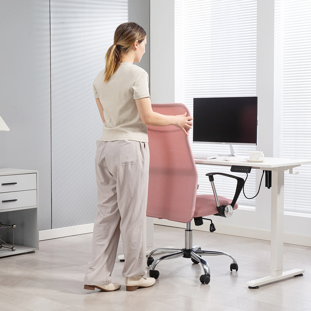 Ergonomisk kontorstol, højdejusterbar drejestol med vippefunktion, netpolstring, 63 x 65 x 109-119 cm, lyserød