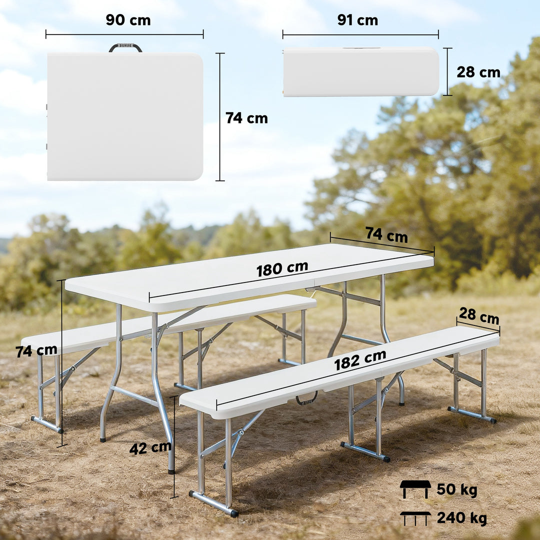 3-delt picnicbordsæt, 1 bord, 2 bænke, foldbart campingbord med bærehåndtag, plastik, metal, hvid