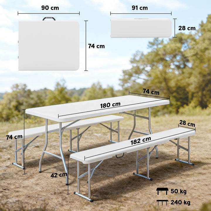 3-delt picnicbordsæt, 1 bord, 2 bænke, foldbart campingbord med bærehåndtag, plastik, metal, hvid