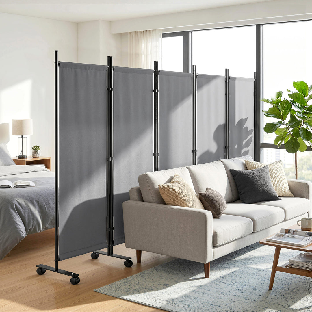 5-panels rumdeler, 252 x 40 cm, fritstående skærm med 12 hjul, foldbar skillevæg, gør-det-selv, mørkegrå