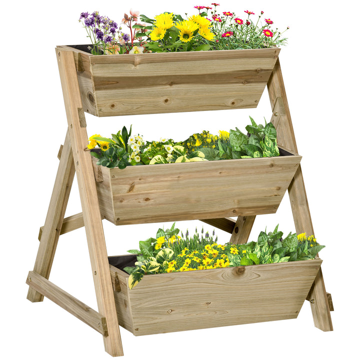 Hævet havebed, træblomsterstige med 3 hylder, plantestativ, plantehylde, plantestativ, blomsterstativ, naturlig finish, 71 x 61 x 77 cm
