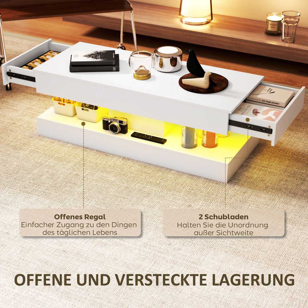 Stuebord med skuffer og led-lys, moderne sofabord med åben hylde, sofabord, spånplade, hvid