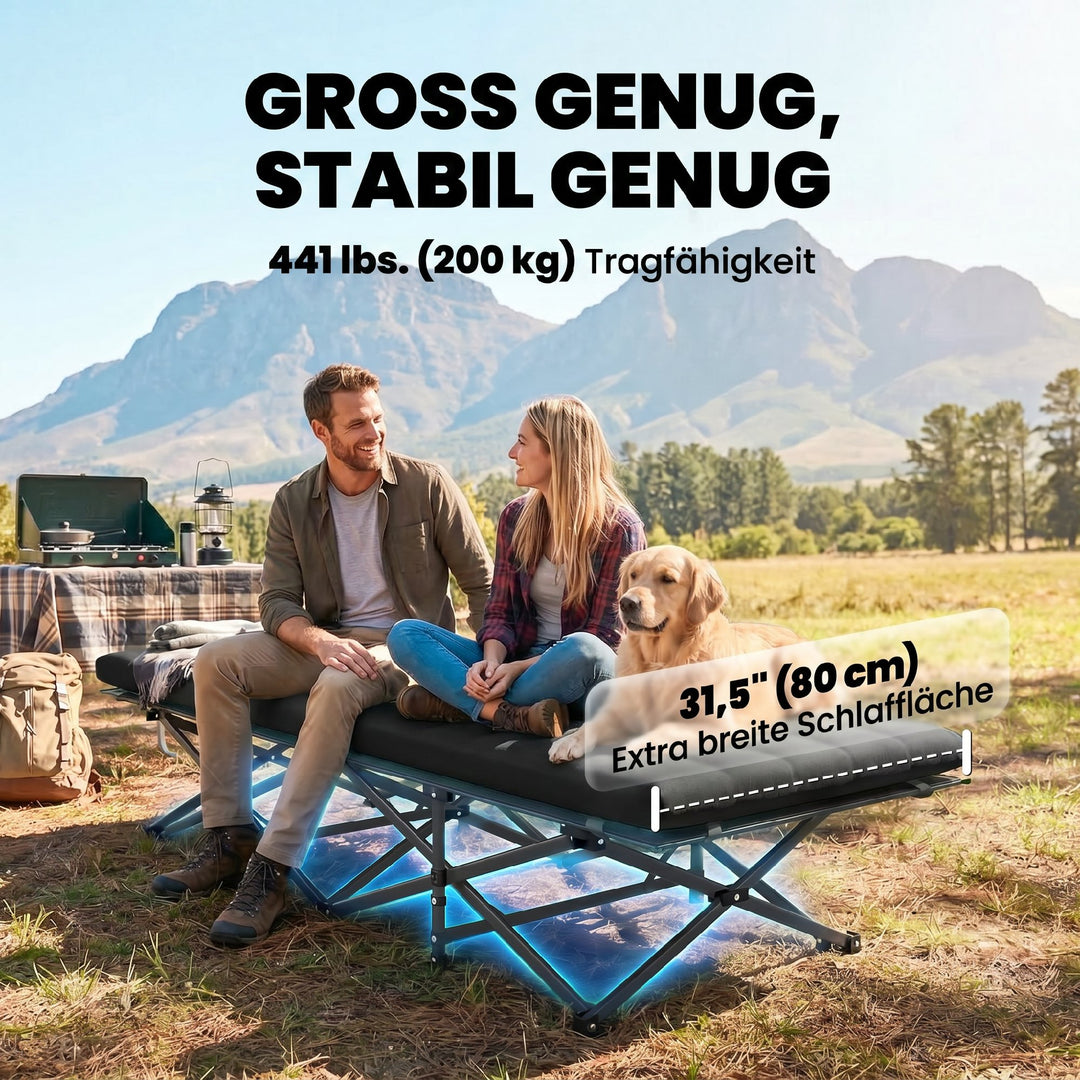 Sammenklappelig campingseng med bæretaske, campingliggestol op til 200 kg, indendørs/udendørs brug, 200 x 80 x 40 cm, sort