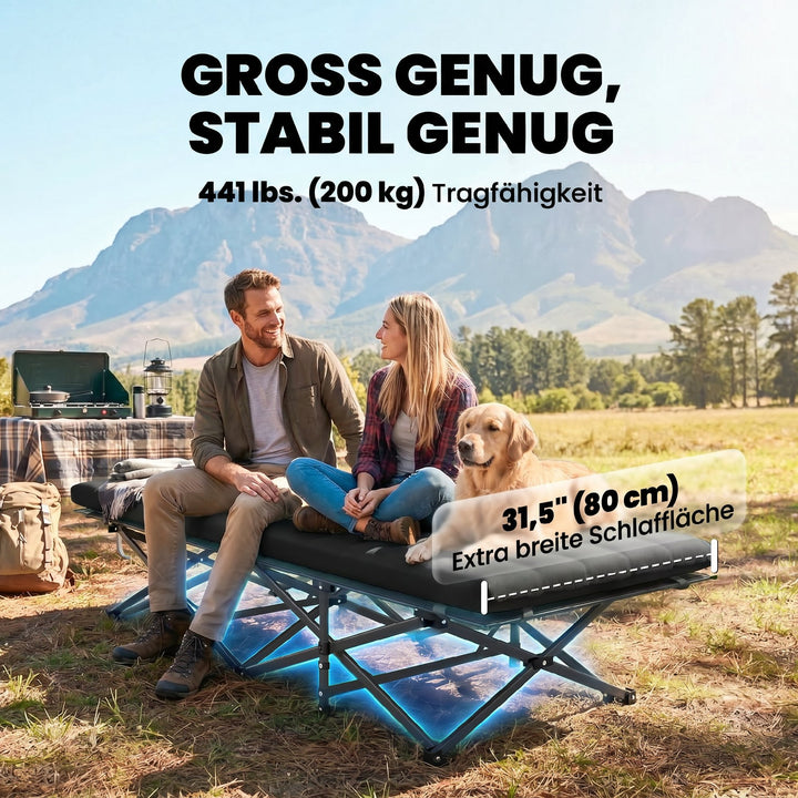 Sammenklappelig campingseng med bæretaske, campingliggestol op til 200 kg, indendørs/udendørs brug, 200 x 80 x 40 cm, sort