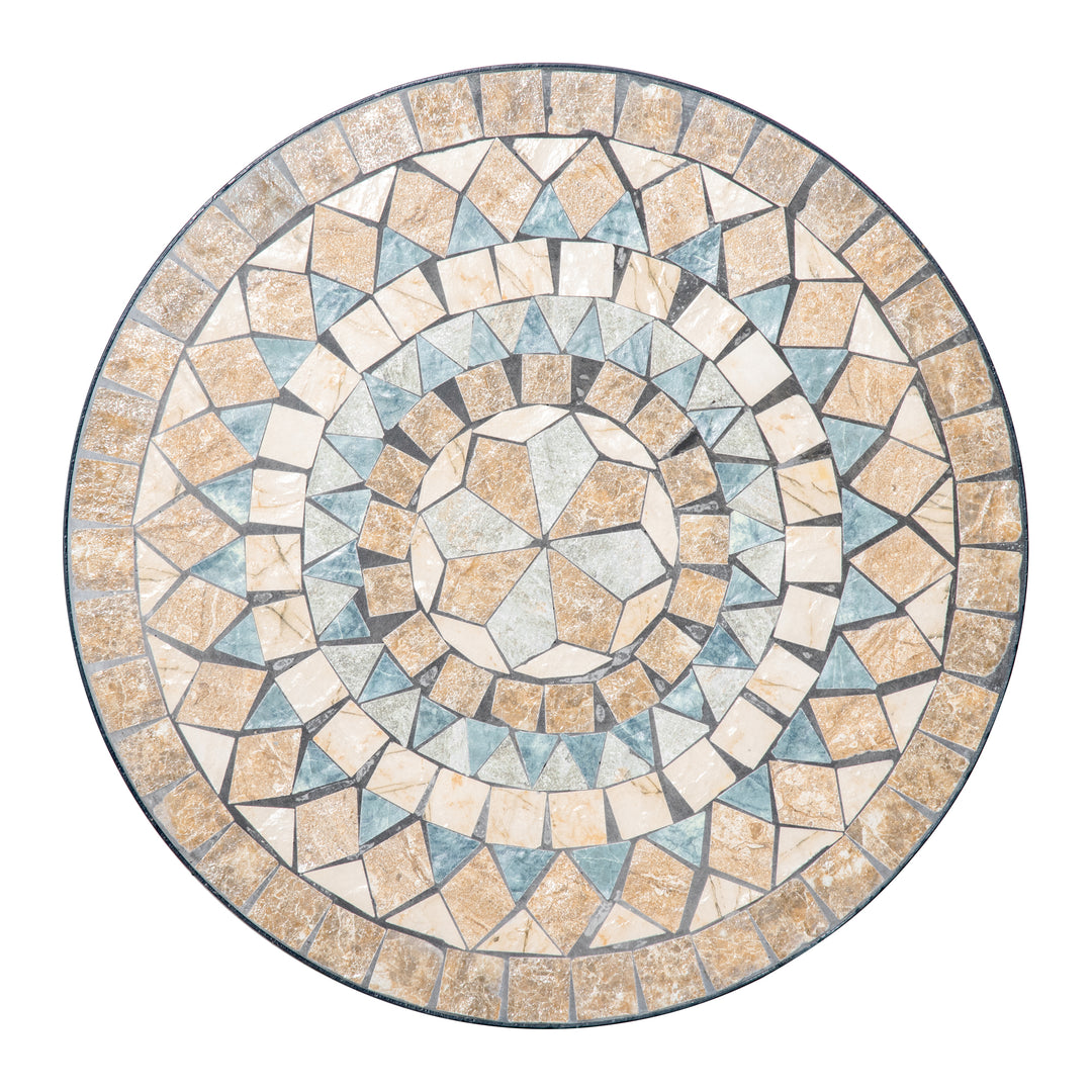 Havebord, mosaikbord, rundt bistrobord, sidebord med mosaikplade, keramik, metal, grøn+beige+hvid, Ø60 cm
