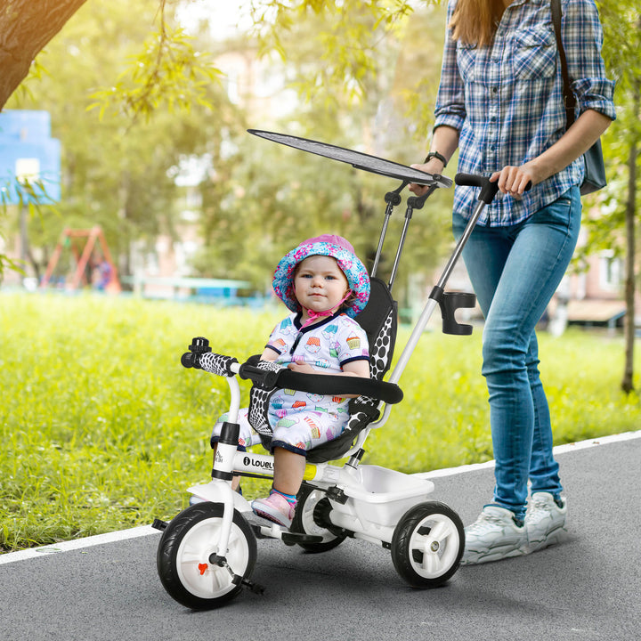 6-I-1 børnetrecykel med skubbehåndtag, kaleche, bælte, opbevaringskurv, til 1-5 år, hvid