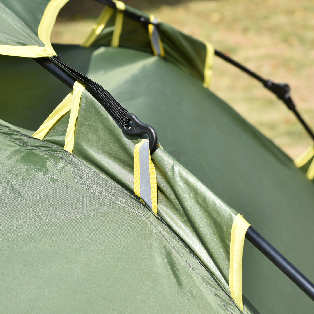 Dobbelttelt, campingtelt, udendørstelt, familietelt, hurtigopsætningstelt, 2 voksne + 1 barn, 4 sæsoner, vandtæt, bæretaske, 2 døre, polyester + glasfiber, mørkegrøn, 210 x 210 x 140 cm