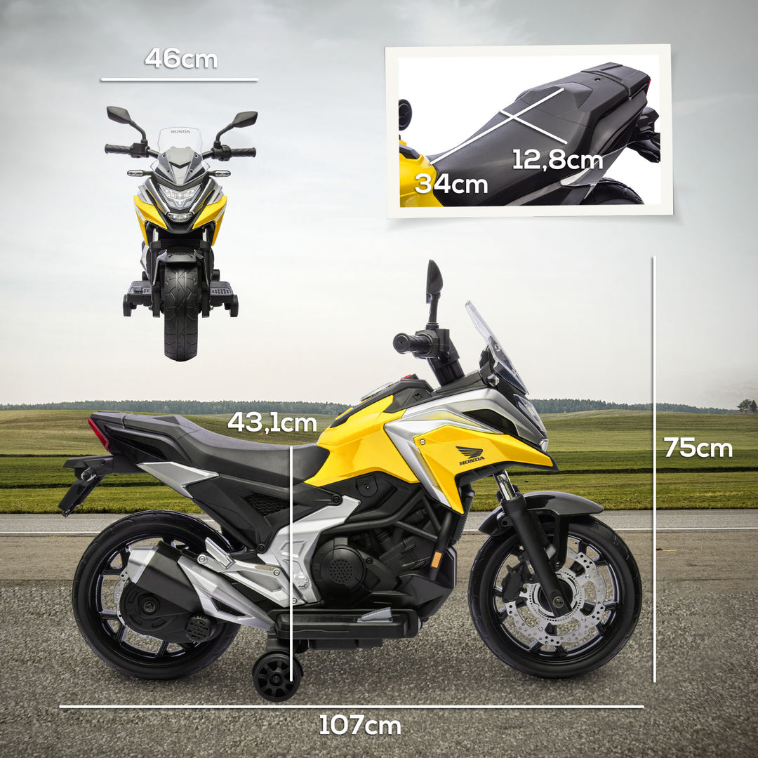 Elektrisk børnemotorcykel, Honda, 3 km/t, musik og lys, 3-6 år, op til 30 kg, gul