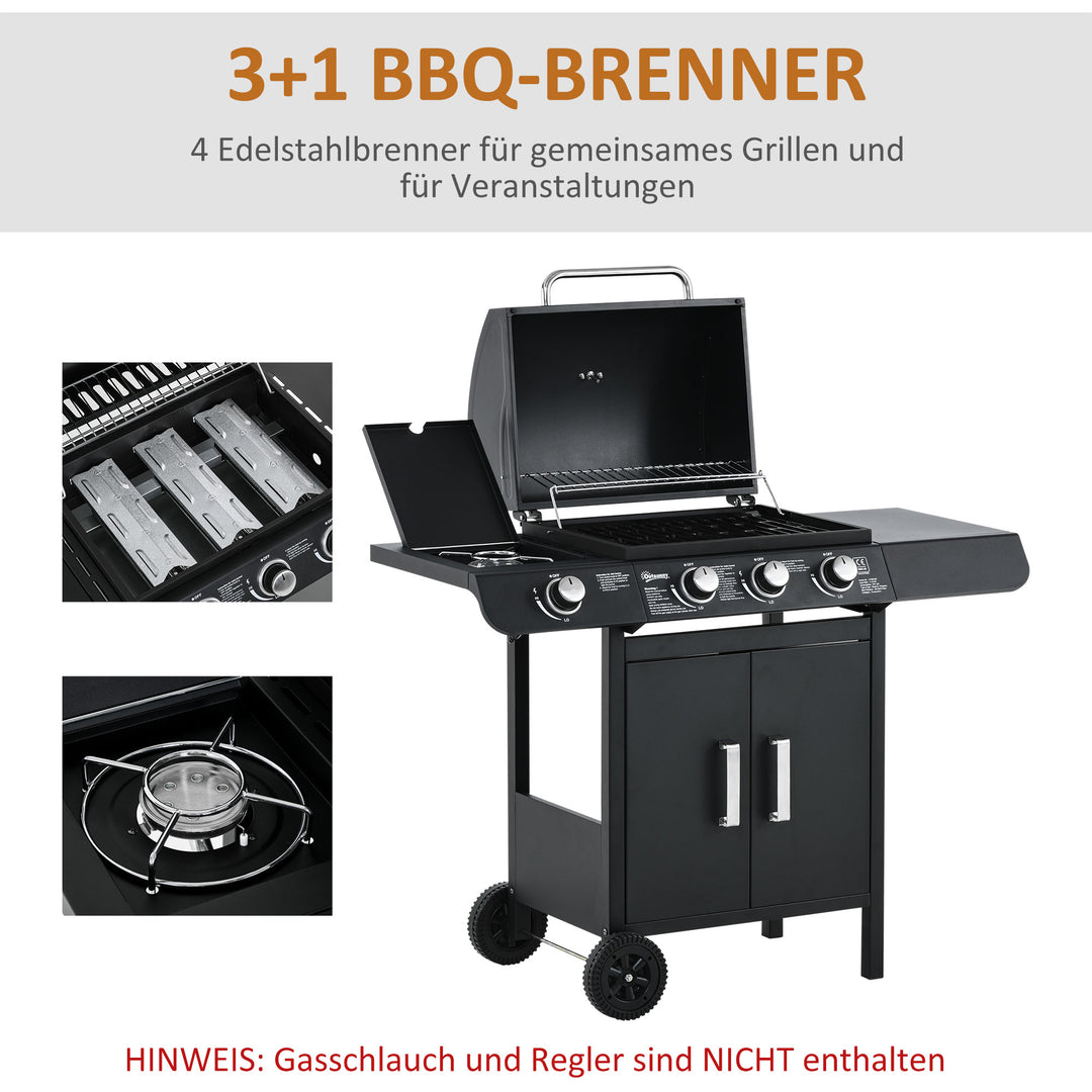 Gasgrill med 3 hovedbrændere + 1 sidebrænder, opbevaringshylde, rustfrit stål, sort, 110 x 50 x 100 cm