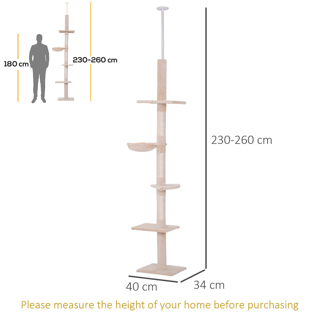 Kradsetræ med loftshøjde, robust kradsetræ med sisalstolper, klatretræ til katte, beige, 40 x 34 x 230-260 cm