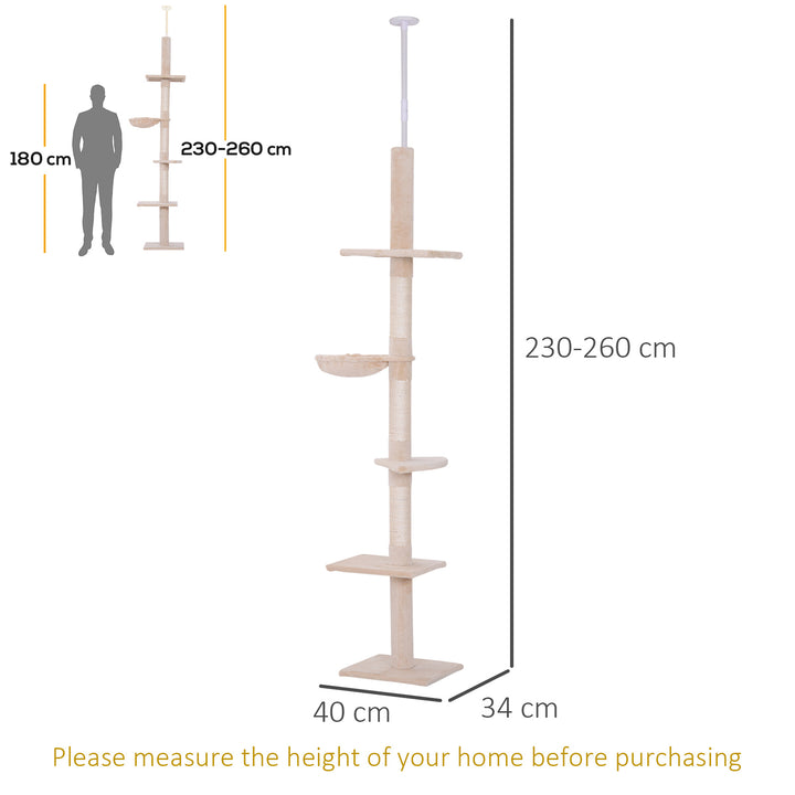 Kradsetræ med loftshøjde, robust kradsetræ med sisalstolper, klatretræ til katte, beige, 40 x 34 x 230-260 cm