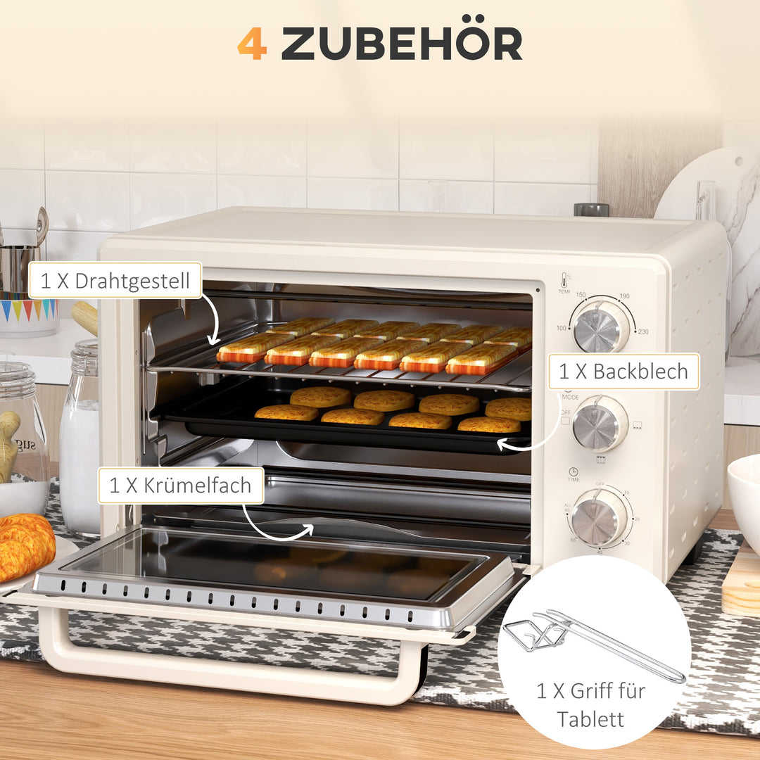 Miniovn, lille 21 l brødristerovn med 1 rist og 1 bageplade, 3 tilberedningstilstande, 100°c-230°c, rustfrit stål, glas, cremehvid