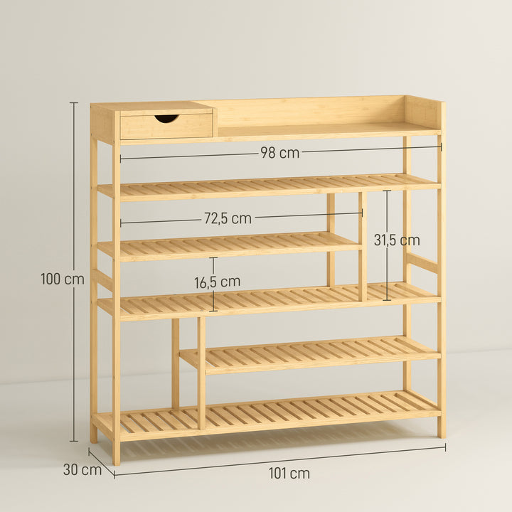 Skoreol, skostativ med 6 niveauer, bambusskuffe, til maks. 18 par sko, skoopbevaring til entré, soveværelse, 101 x 30 x 100 cm, naturlig