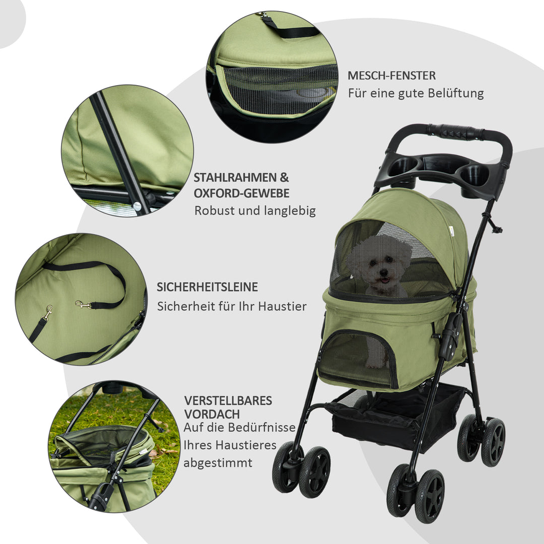 Hundeklapvogn/hundevogn, foldbar, med 2 sikkerhedssnore og 2 kopholdere, 67 x 45 x 96 cm, khaki