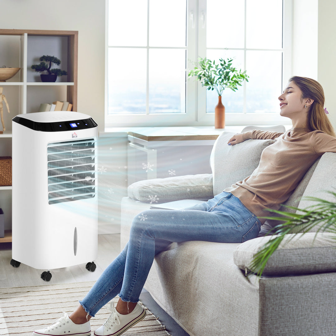 Bærbar luftkøler, 3-i-1 fordampningskøler, luftfugter, ventilator, 10L luftkøler med fjernbetjening, LED-berøringspanel, 3 hastigheder, timer, oscillation, hvid
