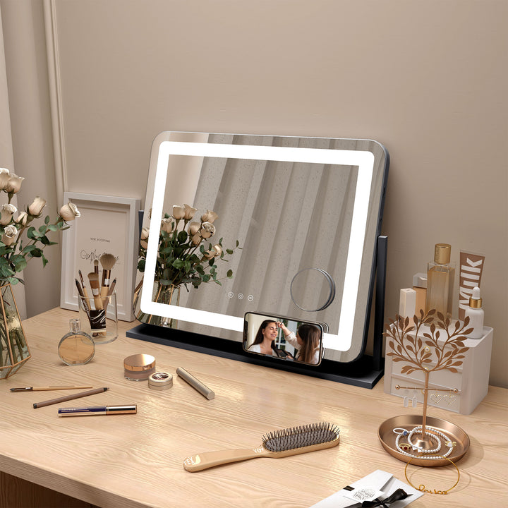 Makeupspejl med led-lys, usb-port, 3 tilstande, roterbar, sort