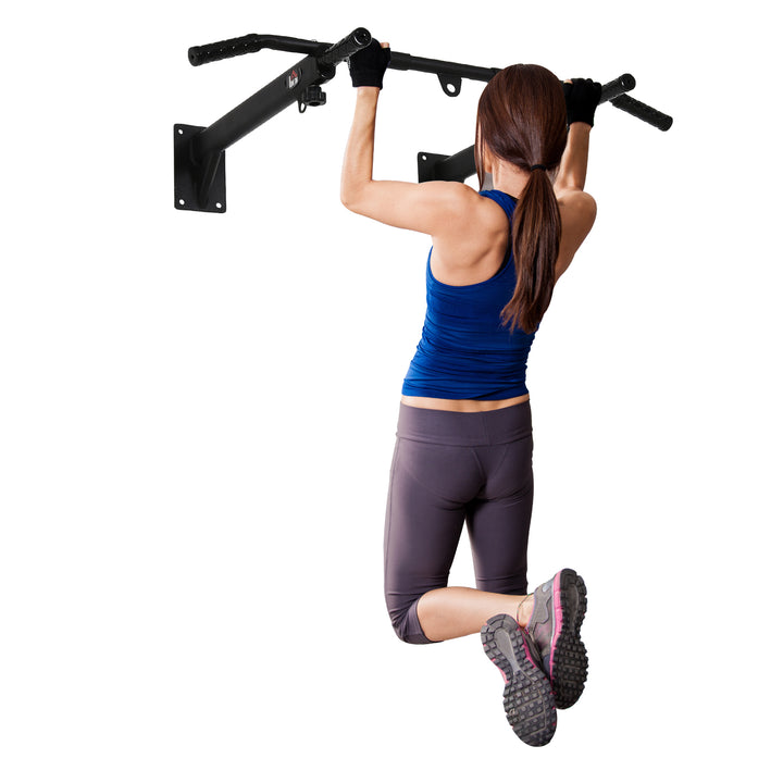 Væg- eller loftsmonteret pull-up-stang, belastningskapacitet op til 150 kg, multifunktionel pull-up-stang med skridsikre greb, øjer for sikker og stabil brug, stål, sort