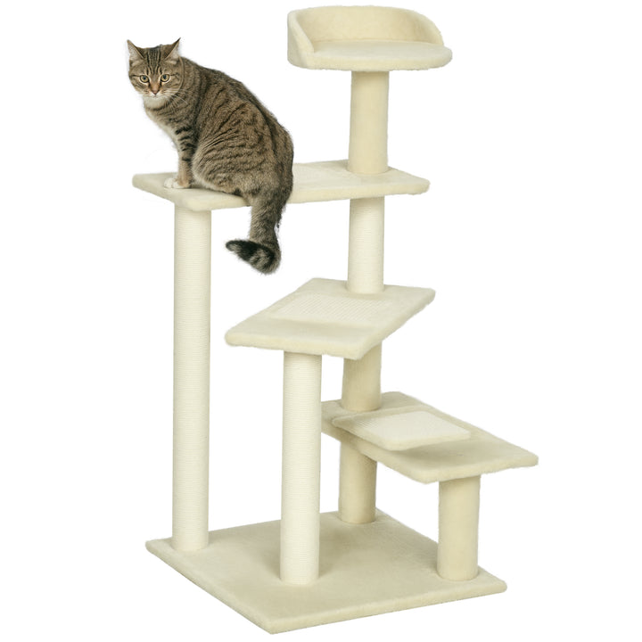 Kradsetræ 100 cm kattetårn med sisalstolper, stor platform, kradsetræ i flere niveauer, klatretræ, til små og mellemstore katte, beige