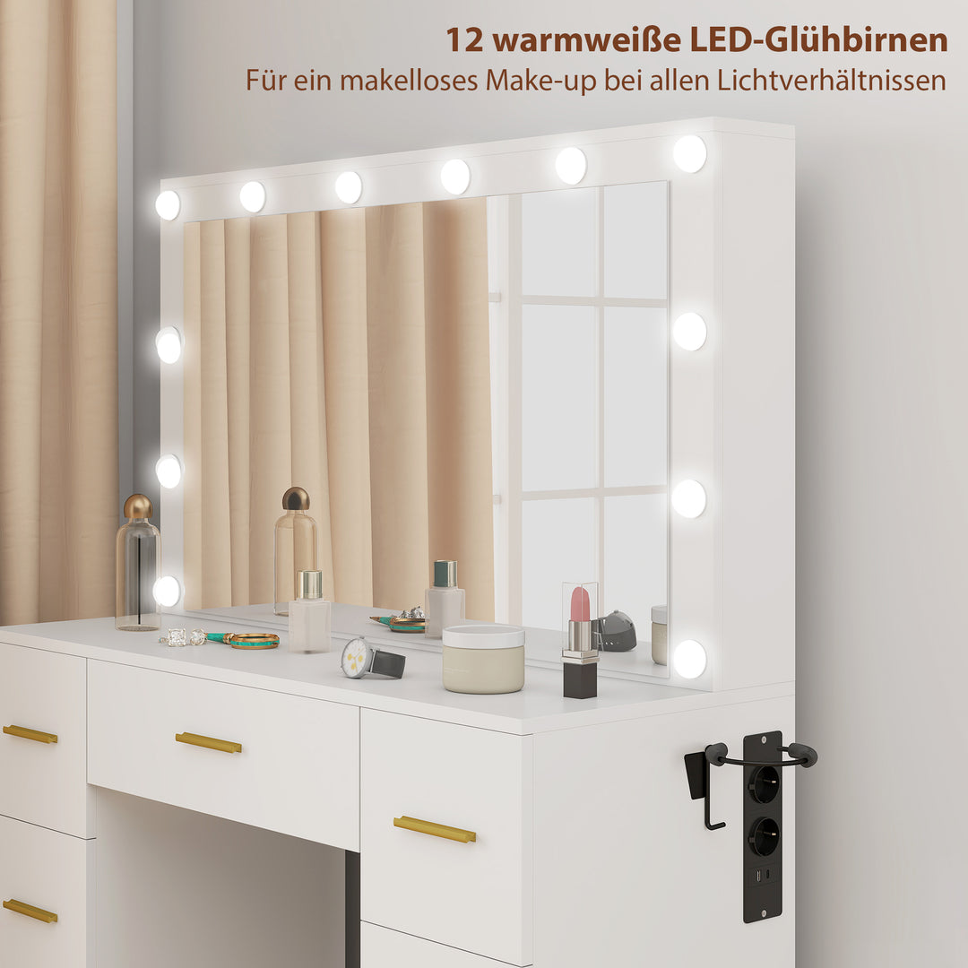 Toiletbord med spejl og 12 led-lys, sminkebord med 7 skuffer, 6 skjulte opbevaringsrum, spånplade, hvid