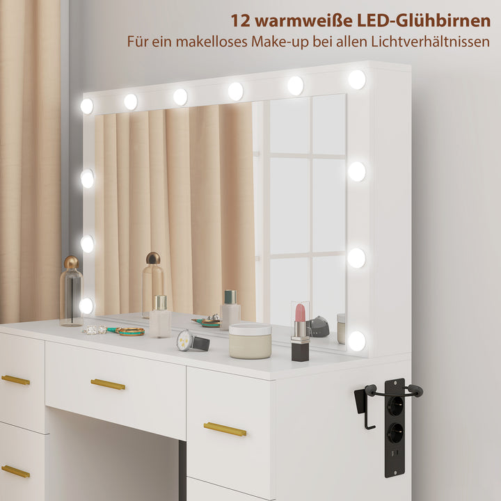 Toiletbord med spejl og 12 led-lys, sminkebord med 7 skuffer, 6 skjulte opbevaringsrum, spånplade, hvid