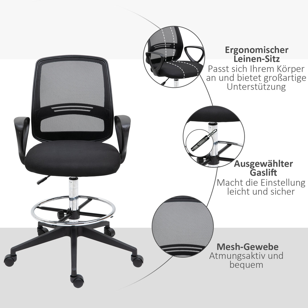 Ergonomisk kontorstol med armlæn og justerbar fodring, højdejusterbar drejestol med netpolstring, sort