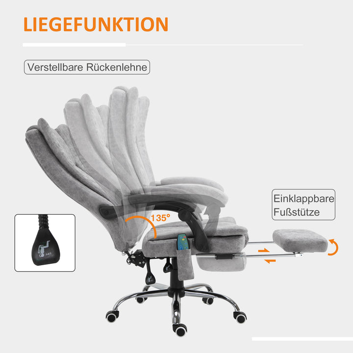 Kontorstol med massagefunktion, ergonomisk skrivebordsstol med varmefunktion, lænefunktion, højdejusterbar drejestol med fodstøtte, sidelomme, grå