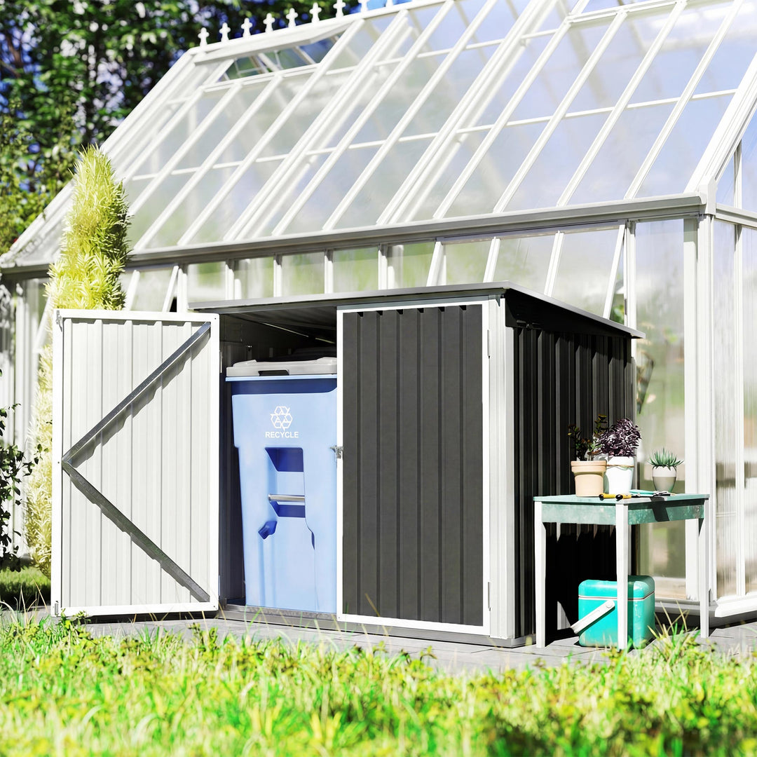 Affaldsopbevaringsenhed til 2 skraldespande fremstillet af galvaniseret stål. Affaldsopbevaringsenhed med hængslet låg, gasfjeder, dobbeltdør, ventilationsåbninger.
