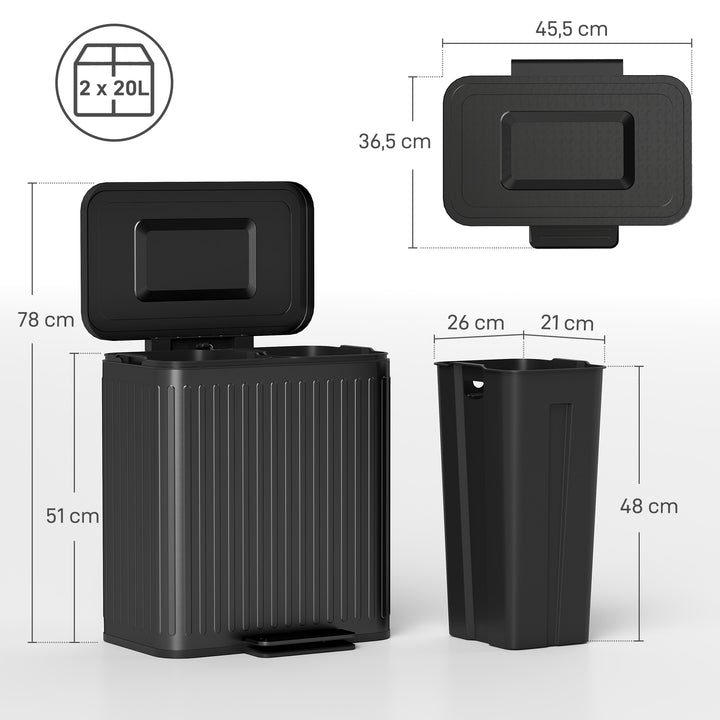 Køkkenaffaldsspand, 2 x 20 L rum, effektiv affaldssortering, fodpedal, plast, metal, sort