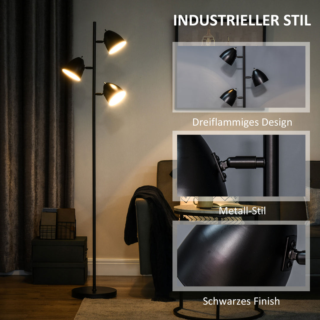 Gulvlampe, gulvlampe, 3 justerbare skærme, metal, sort