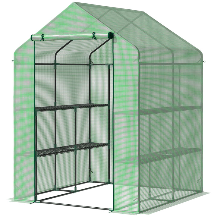 Plastikdrivhus, walk-in drivhus med 8 hylder, tomatdrivhus, drivhus, kold ramme med dør, grøn stål, pe-plast, 143 x 138 x 195 cm