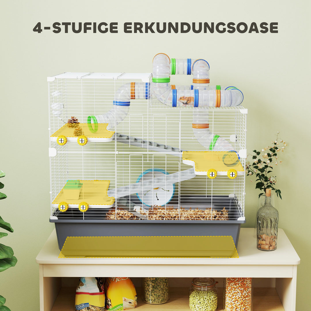 Dværghamsterbur, 4 niveauer, tunnelsystem, bur, tilbehør, topåbning, 78 x 45 x 73 cm, grå