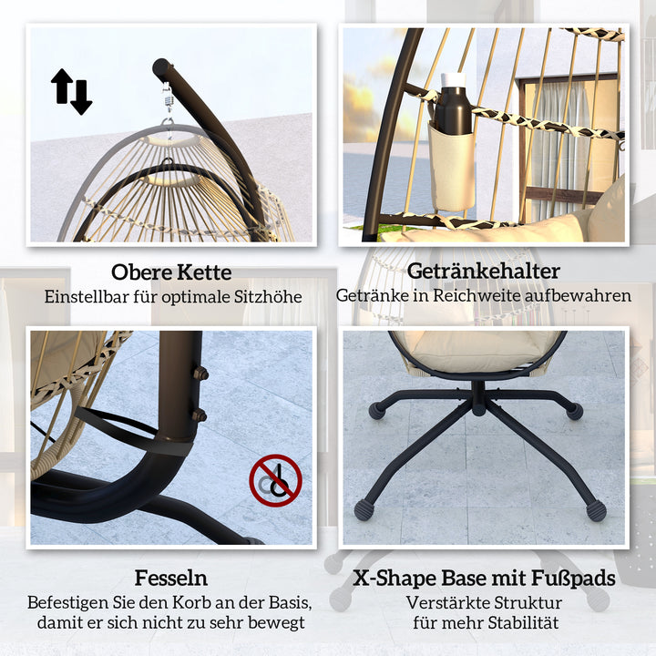 Hængende udendørs gyngestol med foldbart sæde i flet og tykke hynder, stativ, nakkestøtte, kopholder, khaki