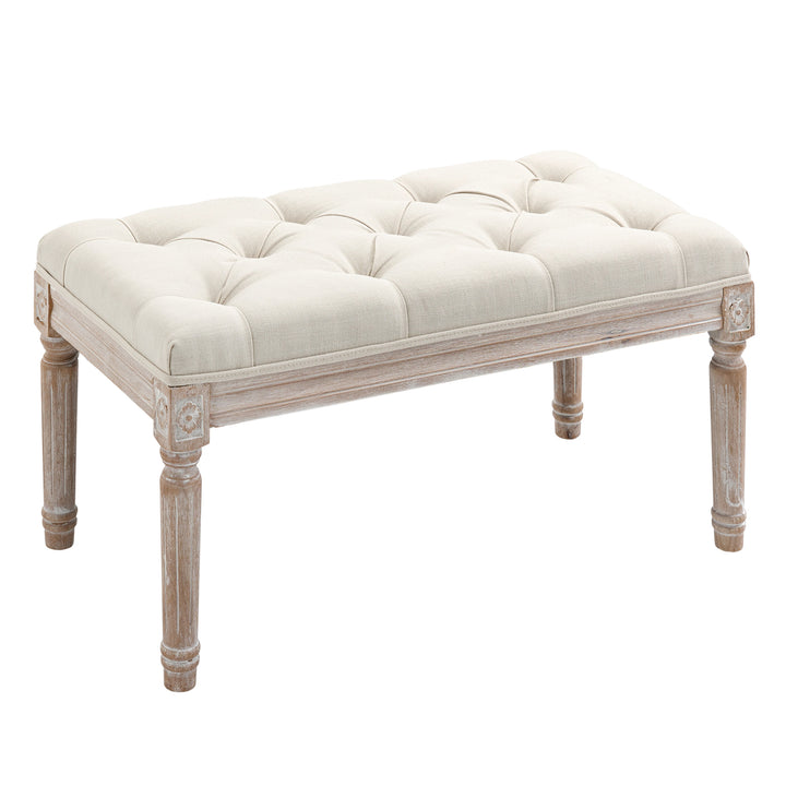 Polstret skammel, polstret bænk, fodskammel, træ og stof med hørlook, 80l x 40b x 43h cm, cremehvid