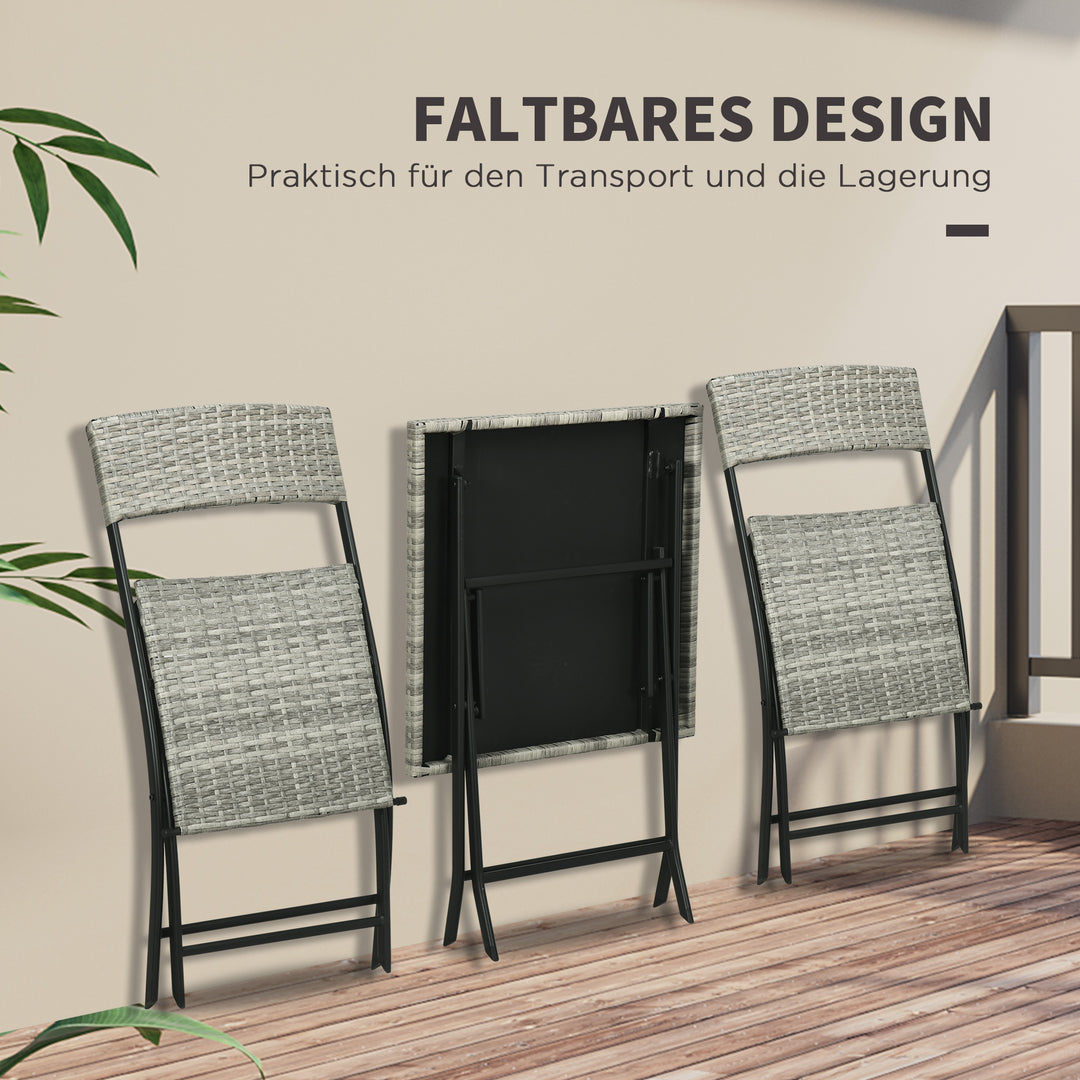 3-Delt havemøbelsæt, 2 klapstole, 1 klapbord, rattan-look, metalstel, lysegrå