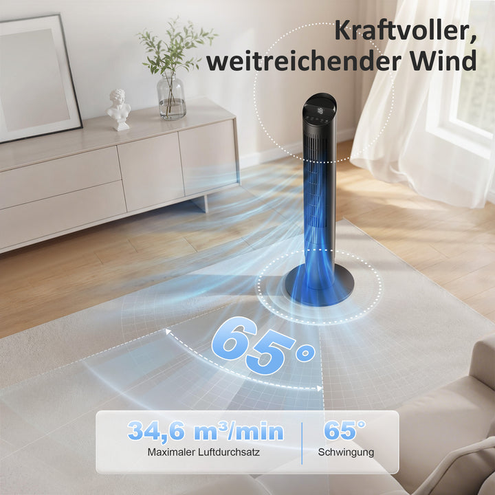 116 cm tårnventilator, standerventilator med fjernbetjening, WiFi-app-styring, 65° oscillation, 6 hastigheder, 4 tilstande