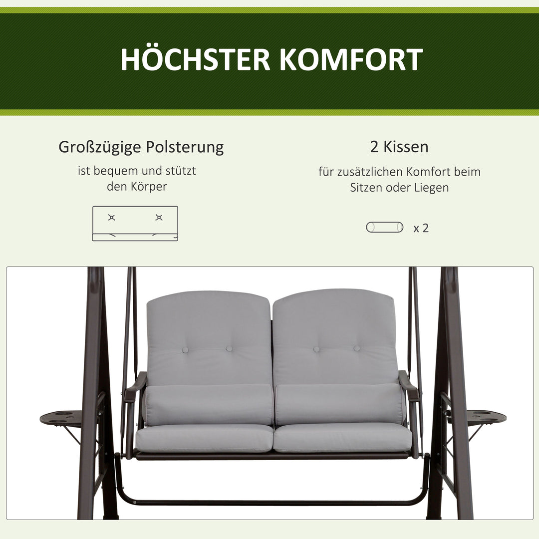 2-personers Hollywood gyngestol med solsejl, hynder, bakke, metal, polyester, grå, 162 x 118 x 173 cm