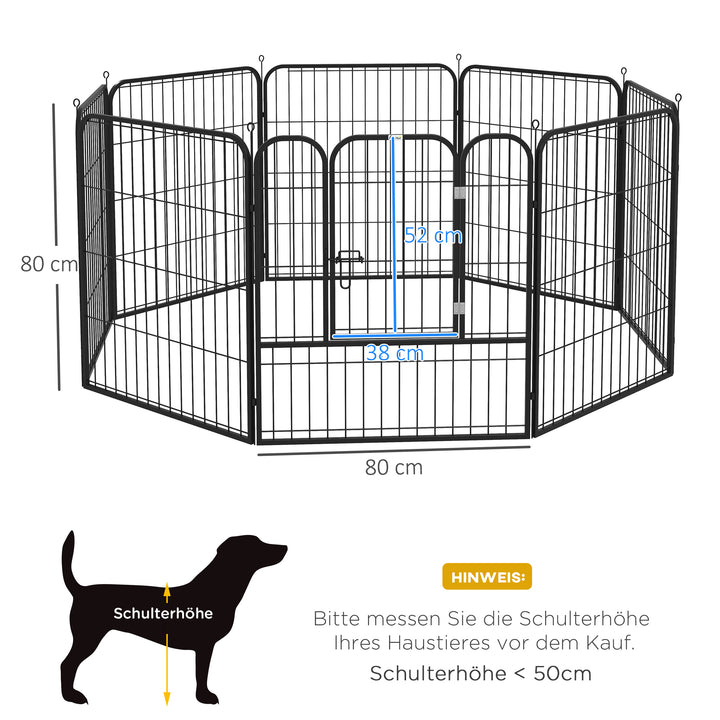 Hvalpegård, sæt med 8 dele, 80 cm høj, hvalpegård med aflåselig dør, 8 stålnetpaneler, hundegård, udendørs indhegning til små og mellemstore hunde, til indendørs og udendørs brug, grå