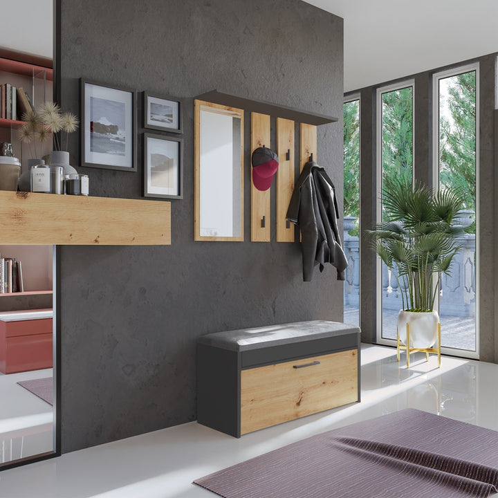 Knagerække med hylde og spejl, naturfarvet